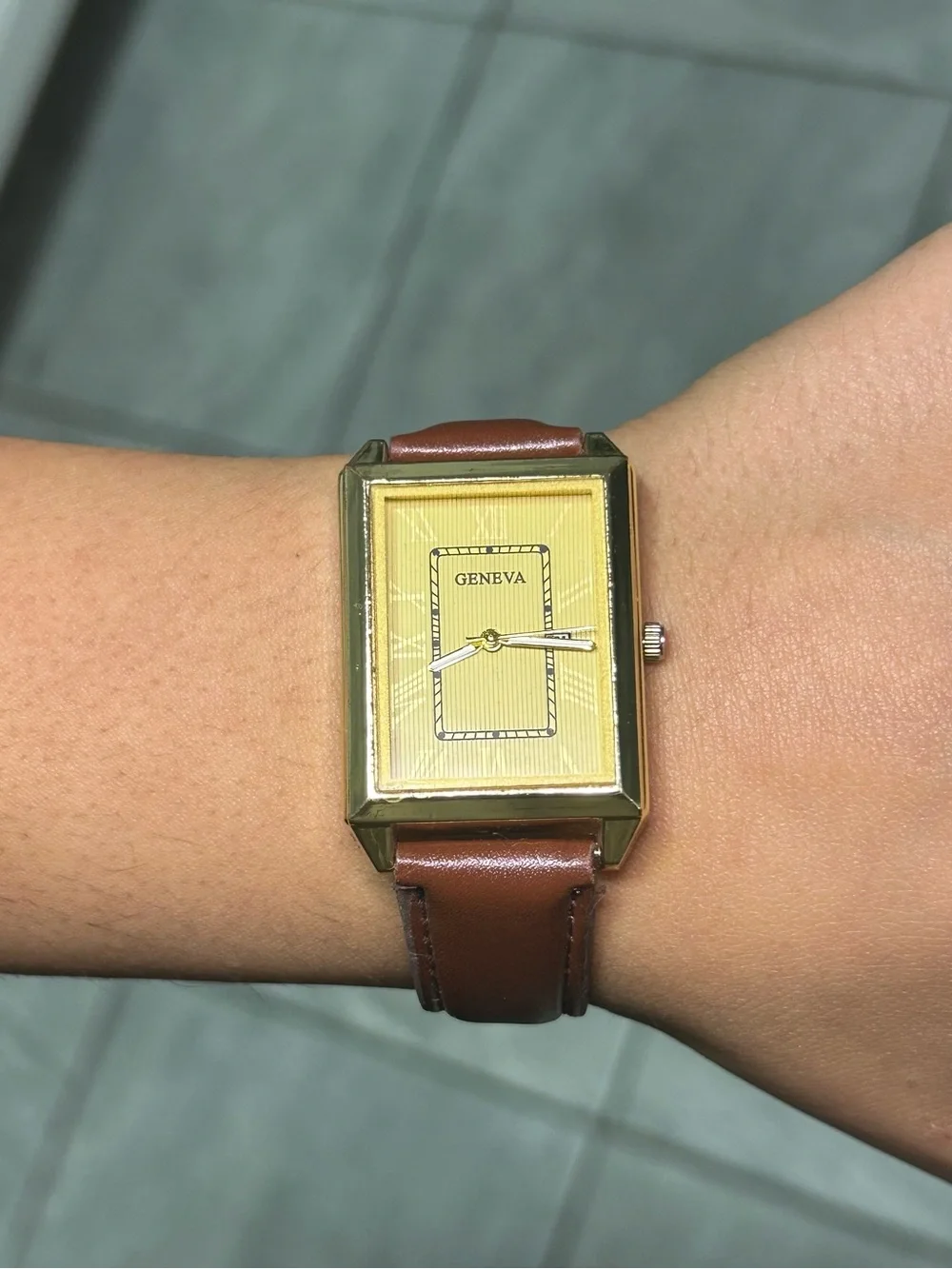 Geneva 37mm Gold Tone Tank Quartz Watch Brown Strap Read